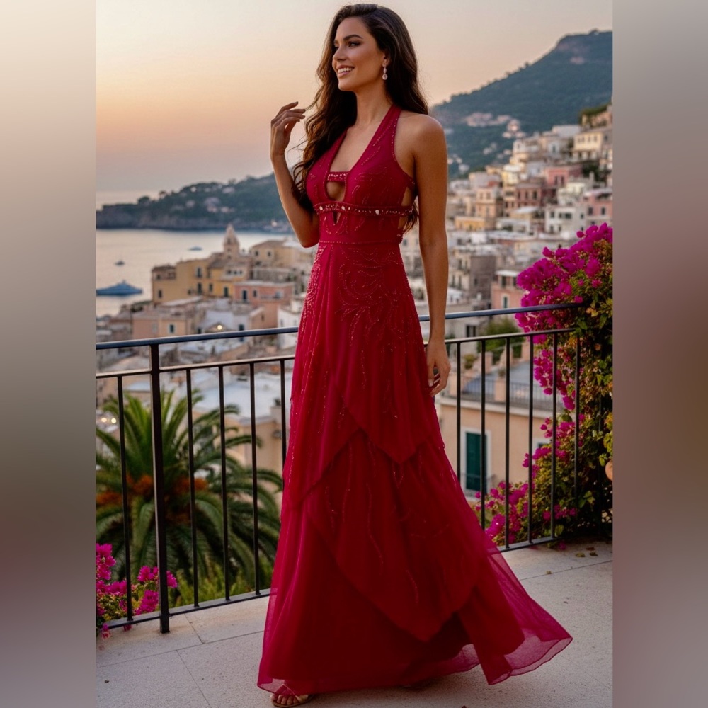 Elegant shocking‎ fuchsia hand beaded Attitudes by Debra gown.